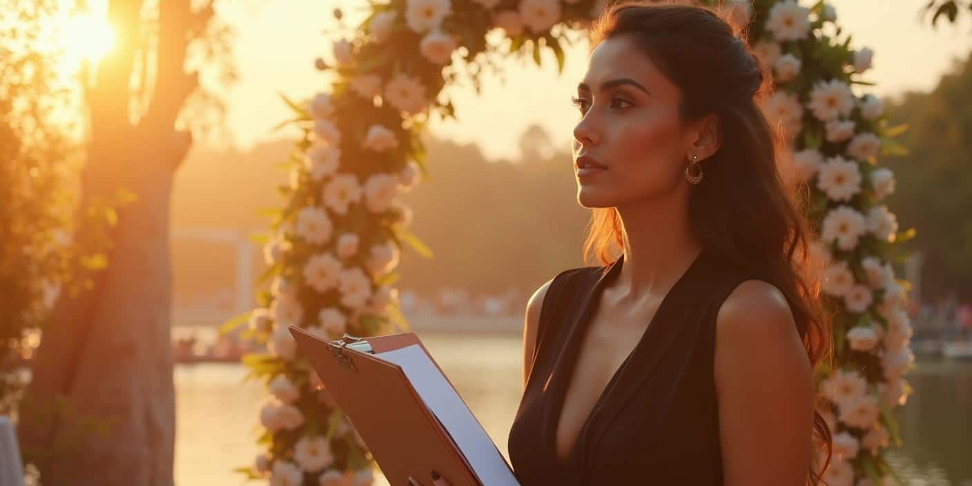 Mujer coordinando boda fondo flores